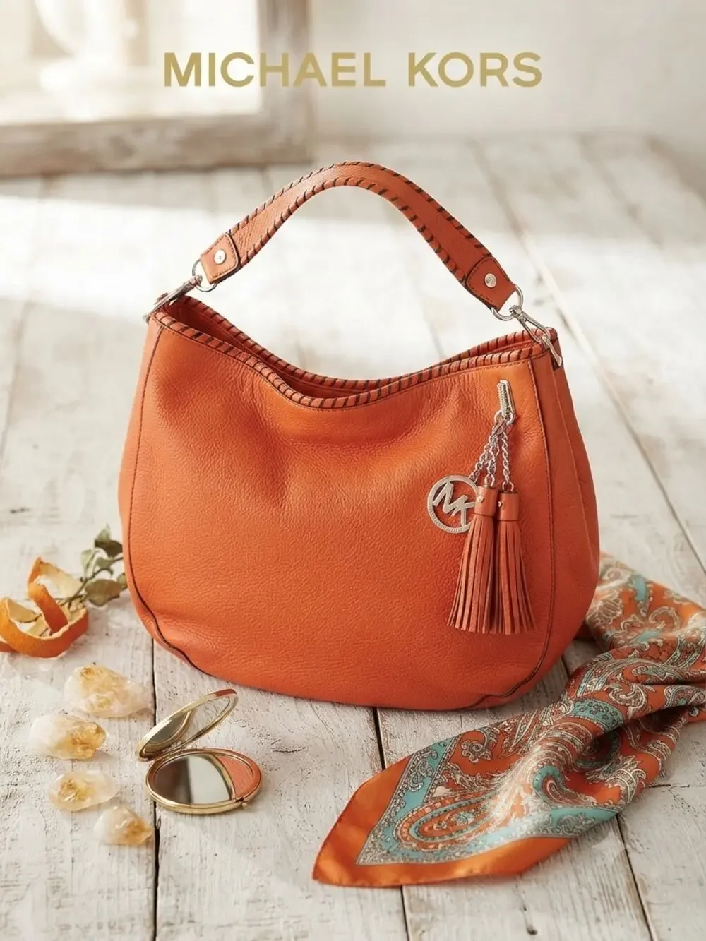Michael Kors Orange Leather Whipstitch Tassel Hobo Bag